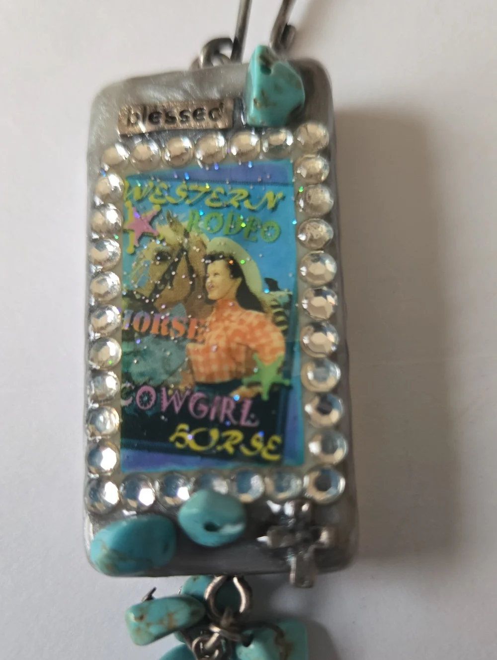 Cowgirl Bling, Blessed Turquoise Western Cowgirl Pendant Necklace, Dice On Back!